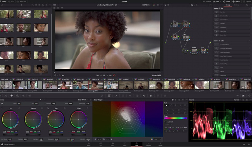 Schermata del programma, Davinci Resolve per la correzione del colore nella produzione video.
