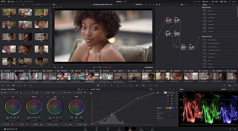 Schermata del programma, Davinci Resolve 18 per la correzione del colore nella creazione filmati.